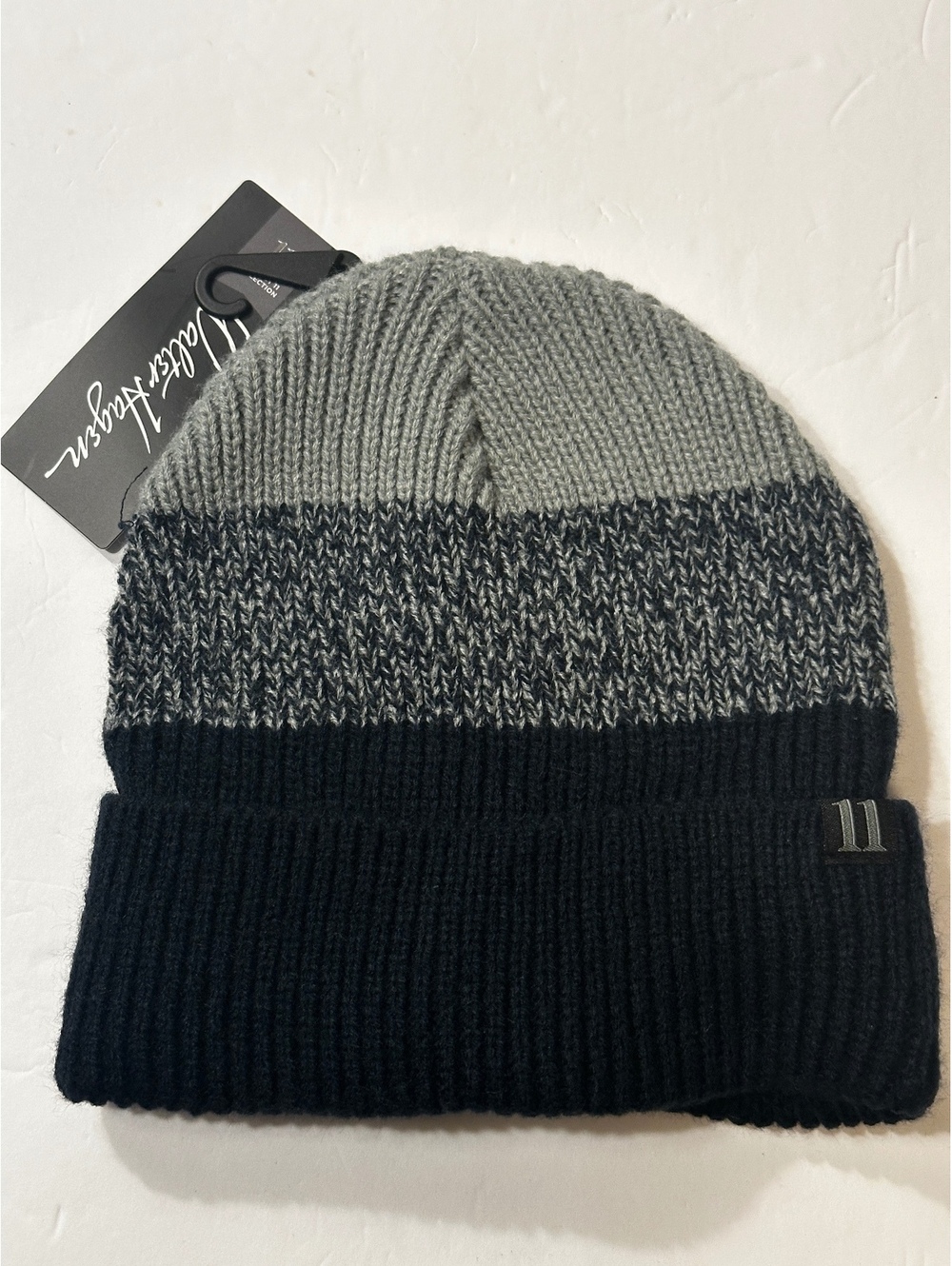 Gray and Navy Rib Knit Beanie Hat